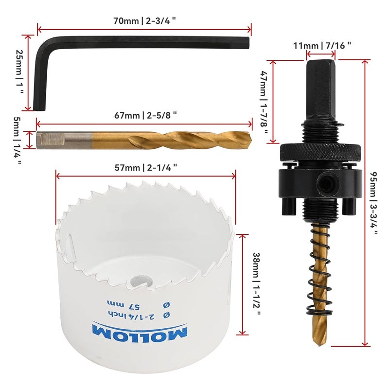 Mollom (57mm | 2-1/4") HSS M42 with 8% Cobalt BI-Metal Hole Saw with 2 Pilot Drill Bits & Arbor Smooth Cutting for PVC,Drywall,Wood,Plastic,Gypsum Board,Rubber - Image 2